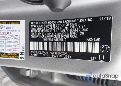 2020 Toyota C-Hr Le из США, поврежденный, VIN NMTKHMBX7LR103872